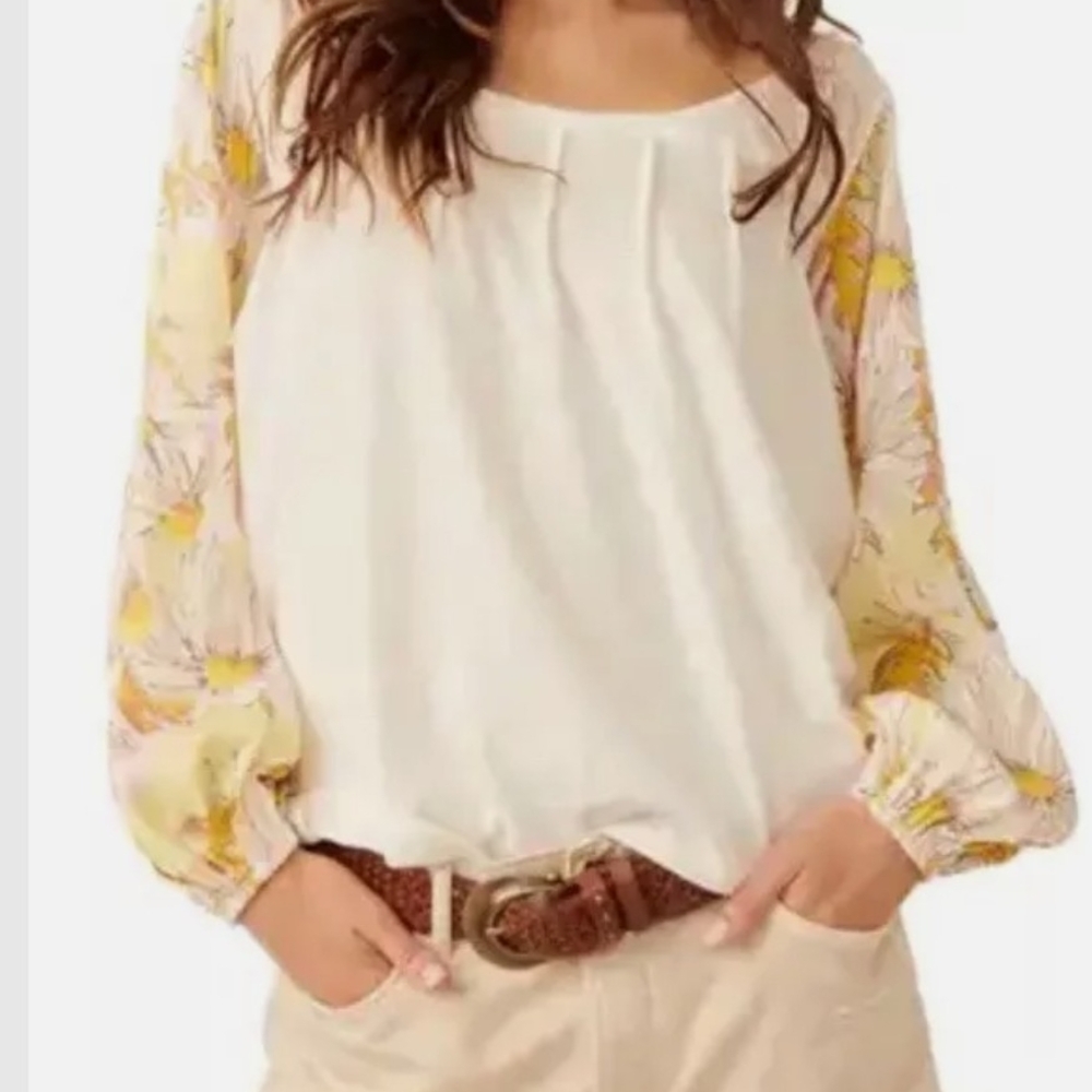 Free People Cream Blouse with Yellow Floral Sleeves